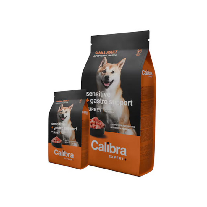 Two bags of Calibra Expert Small Adult Sensitive Gastro Support Turkey meat dog food, with the larger bag in the back and the smaller bag in front, on a plain white background.