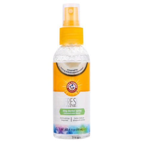 Arm & Hammer Rescinet Dog Dental Spray in a 4 fl oz clear bottle with a bright yellow spray top and a white and yellow label.