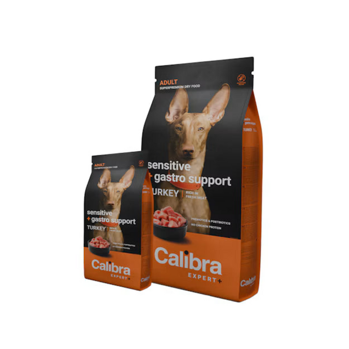 Two bags of Calibra Expert Adult Sensitive Gastro Support dog food in Turkey flavor, one large bag and one smaller bag, shown on a plain white background.