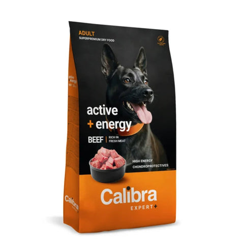 A bag of Calibra Expert+ dog food, specifically 'active + energy' beef dry food. The packaging features a black top section with a photo of a black German Shepherd, and a bright orange bottom section with the brand name 'Calibra EXPERT+' in white text.