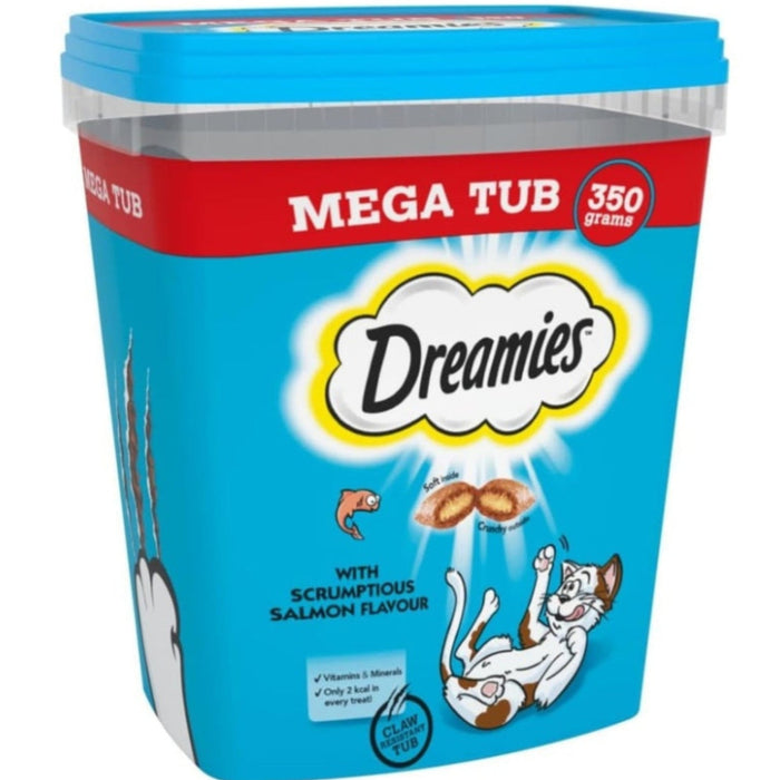 Dreamies Mega Tub cat food container with a bright blue lid and body, featuring a red band with white text and a cartoon cat illustration on a white background.