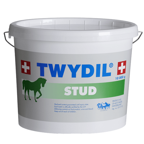 A white plastic bucket of Twydil Stud horse supplement, featuring a white label with blue and green branding, a horse silhouette, and red Swiss crosses.