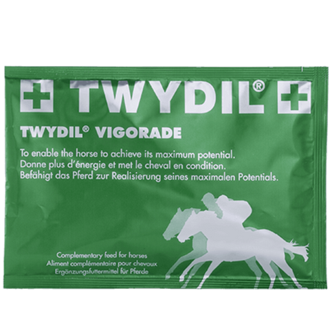 A green TWYDIL Vigorade horse supplement packet on a plain white background.