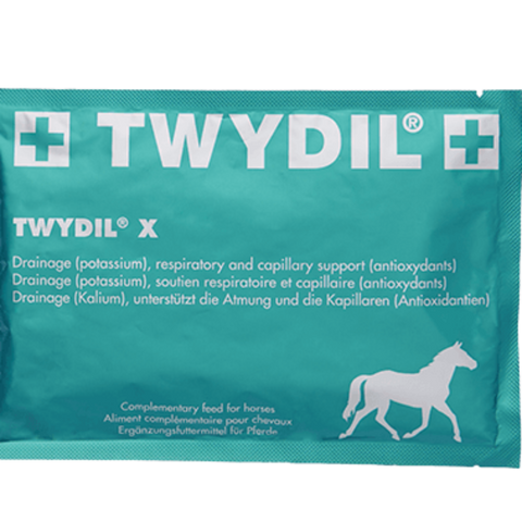 A single TWYDIL X horse supplement packet in a teal-green color, featuring white text and a white horse silhouette on a white background.