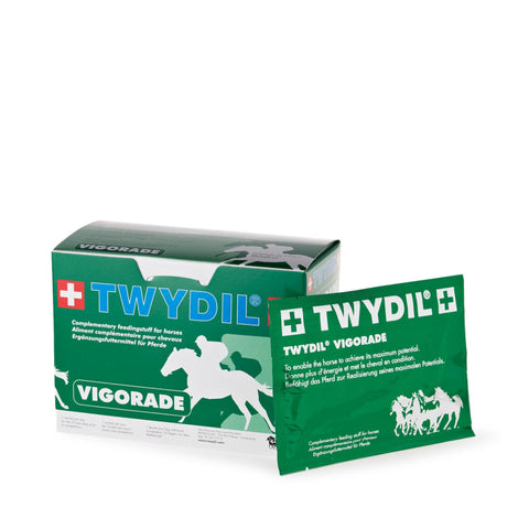 A box and single sachet of TWYDIL Vigorade horse supplement on a plain white background. The packaging is primarily green with white and blue text and a horse silhouette.