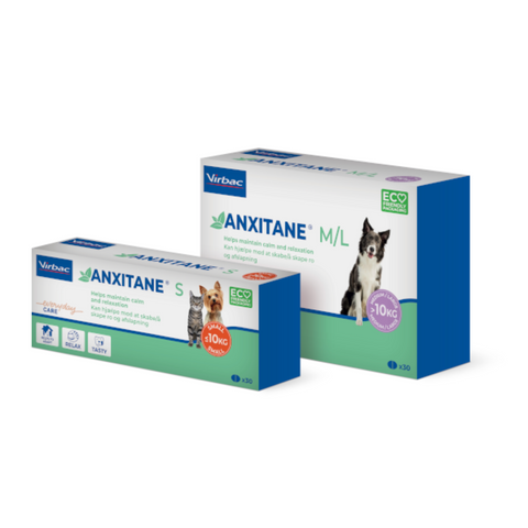Two Virbac Anxitane M/L veterinary medication boxes shown on a plain white background, one smaller box in front and one larger box behind.