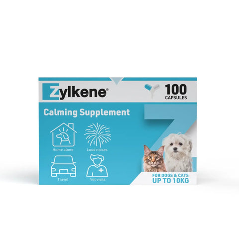 Zylkene Calming Supplement box for dogs and cats, featuring a bright blue and white design with icons for home alone, loud noises, travel, and vet visits, alongside photos of a white dog and a tabby cat.