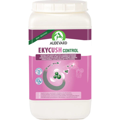 A white plastic tub of Audevard Ekycush Control supplement with a pink and white label, shown on a plain white background.