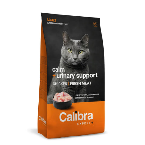 A bag of Calibra Expert+ cat food, specifically 'calm + urinary support' in Chicken Fresh Meat flavor. The packaging features a black upper section with a photo of a gray cat, and a bright orange lower section with the brand name in white.
