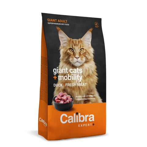 Calibra Expert+ cat food bag for giant adult cats with mobility issues, featuring a Maine Coon cat on the front, with a black and orange design.