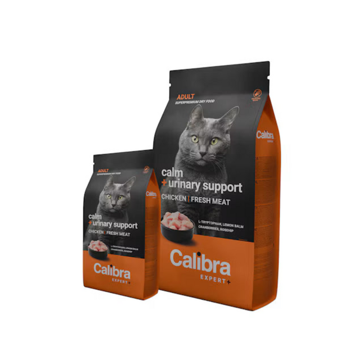 Two bags of Calibra Expert cat food, one adult and one senior, featuring a black and orange design with a grey cat on the front, set against a plain white background.