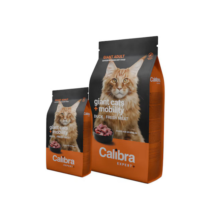 Two bags of Calibra Expert cat food, one for giant adult cats and one for giant cats + mobility, shown on a plain white background.