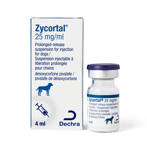 Zycortal 25 mg/ml prolonged-release suspension for injection for dogs, shown with its white and blue retail box and a small glass vial with a dark purple cap on a white background. The Dechra brand logo is visible on both the box and vial.